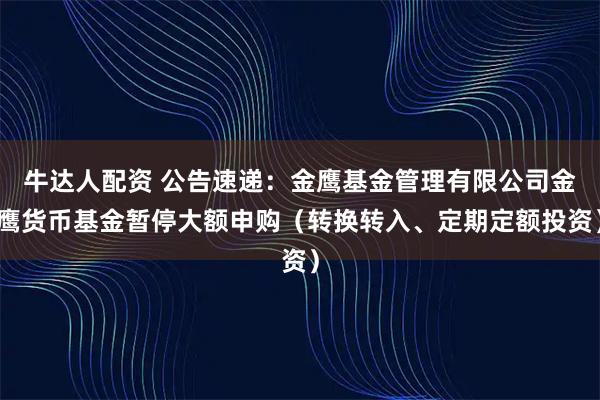 牛达人配资 公告速递：金鹰基金管理有限公司金鹰货币基金暂停大额申购（转换转入、定期定额投资）